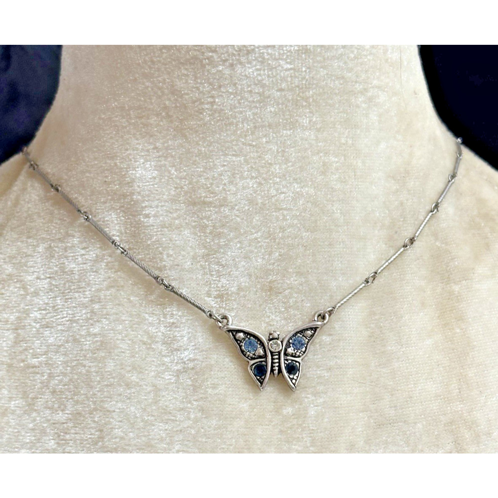 Vintage Butterfly Pendant Choker Necklace Blue Rhinestones Silver Tone Bar Chain